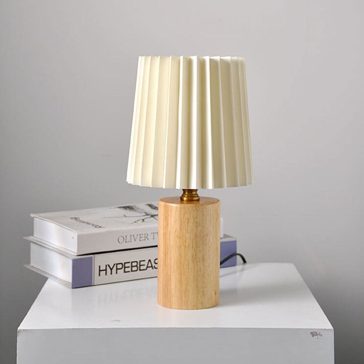 Vintage Korean Pleated Wood Base Table Lamp
