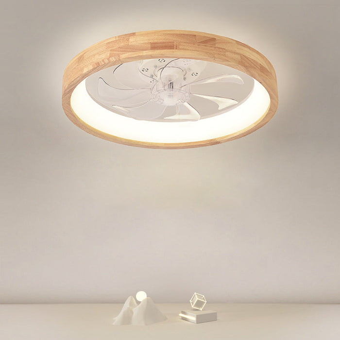Japanese Solid Wood Round LED Flush Mount Ceiling Fan Light