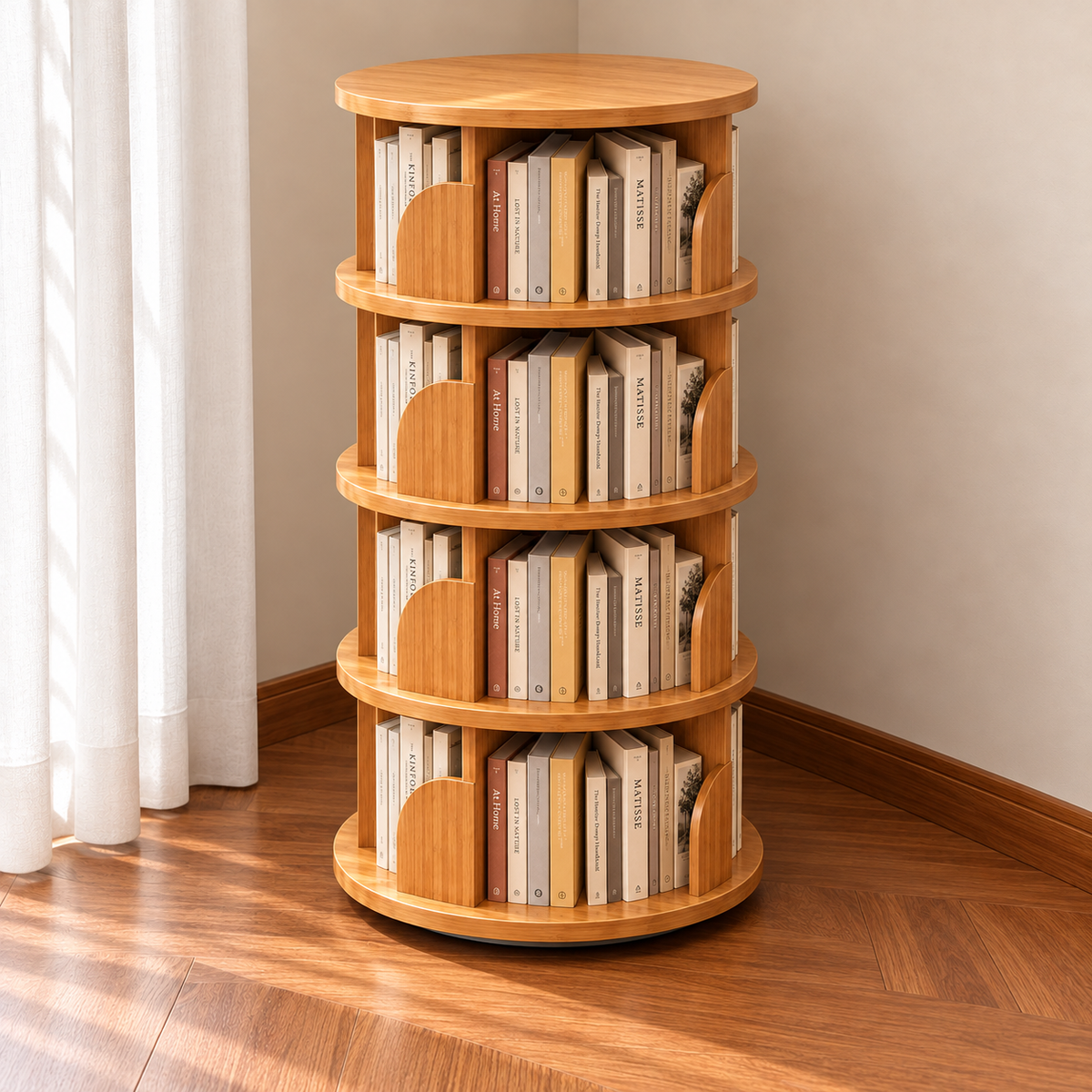 Minimalist Bamboo Metal Rotatable Floor-Standing Bookshelf Tower