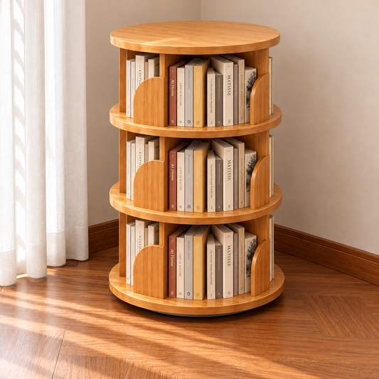 Minimalist Bamboo Metal Rotatable Floor-Standing Bookshelf Tower