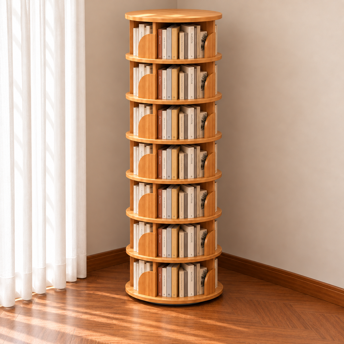 Minimalist Bamboo Metal Rotatable Floor-Standing Bookshelf Tower
