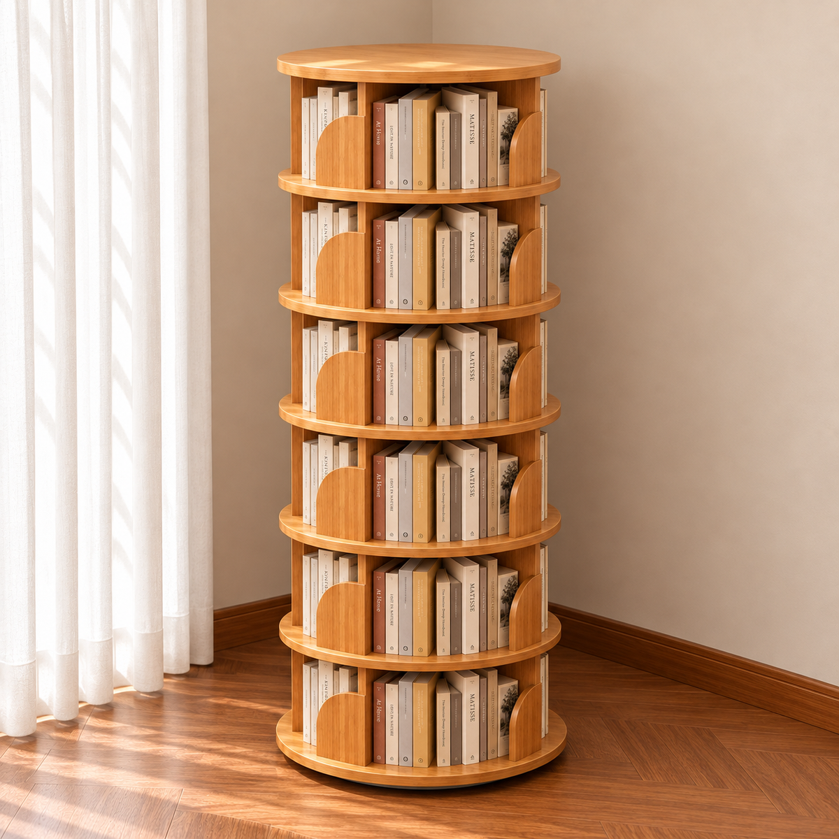 Minimalist Bamboo Metal Rotatable Floor-Standing Bookshelf Tower