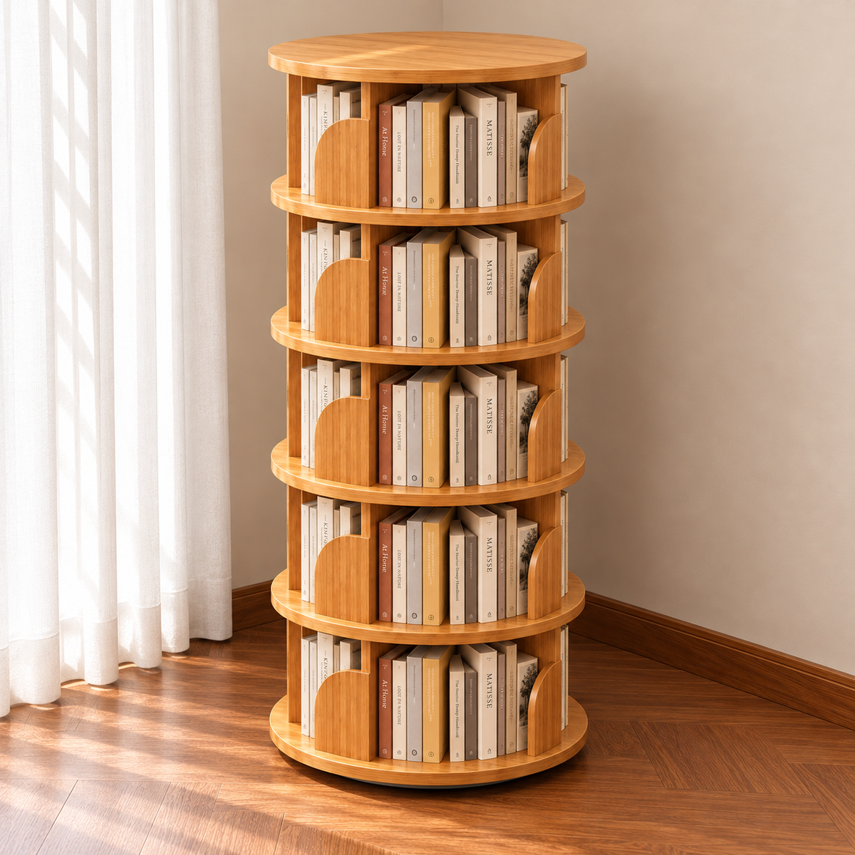 Minimalist Bamboo Metal Rotatable Floor-Standing Bookshelf Tower