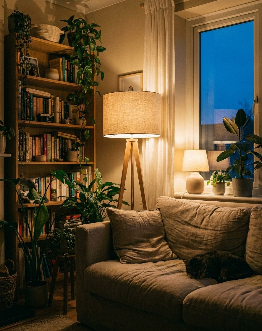 Floor lamp and table lamp lit in a living room at dusk