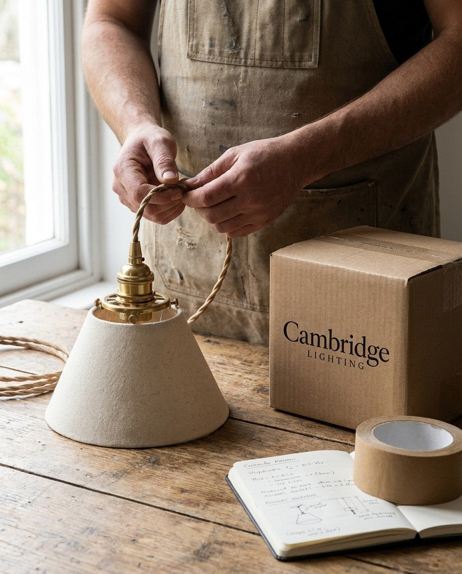 Checking a pendant lamp fitting next to a Cambridge Lighting box
