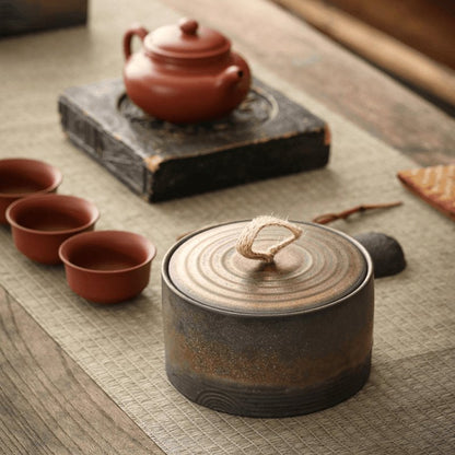 Japanese Pottery Wabi-Sabi Storage Jar Ringed Lid Back