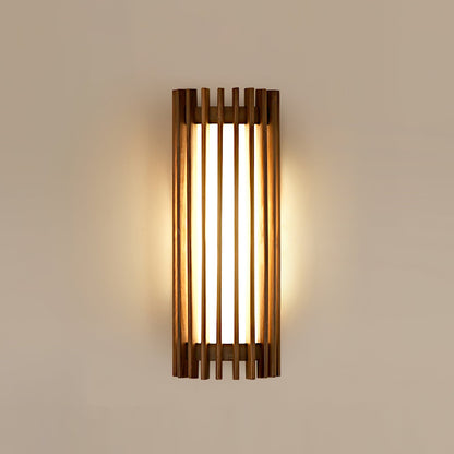 Scandinavian Walnut Wood Wall Lamp Slatted Sconce Close Up