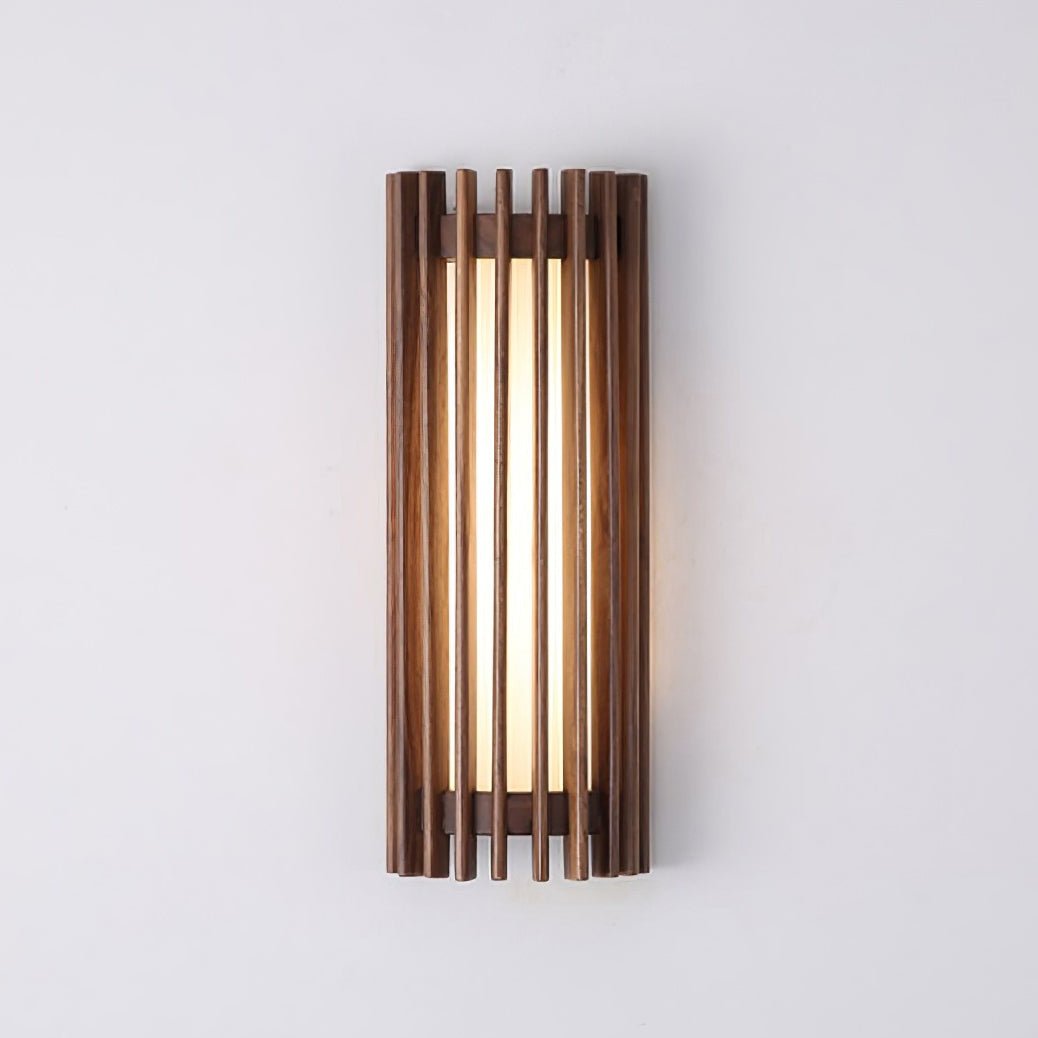 Scandinavian Walnut Wood Wall Lamp Slatted Sconce Front