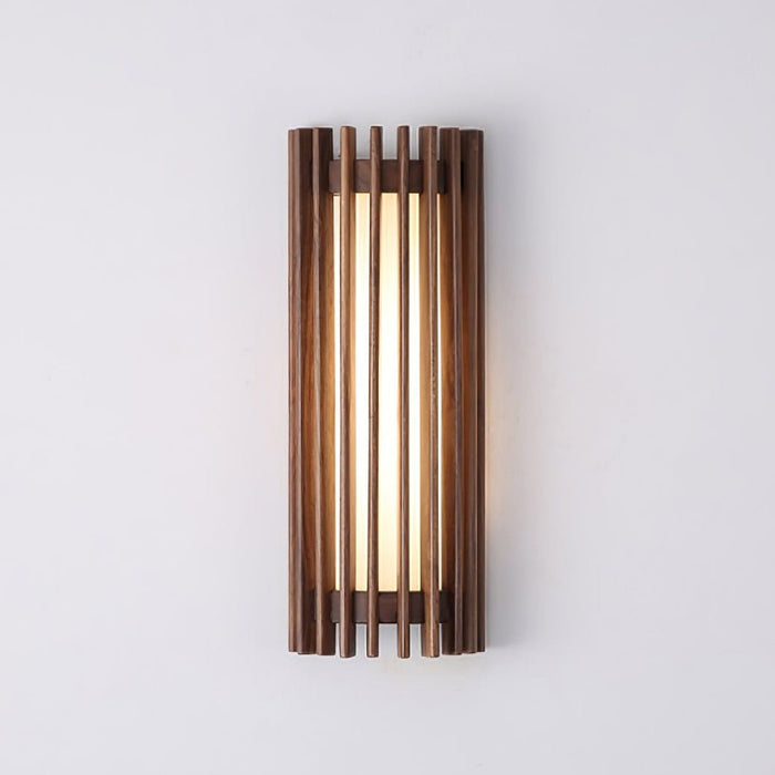 Scandinavian Walnut Wood Wall Lamp Slatted Sconce Front