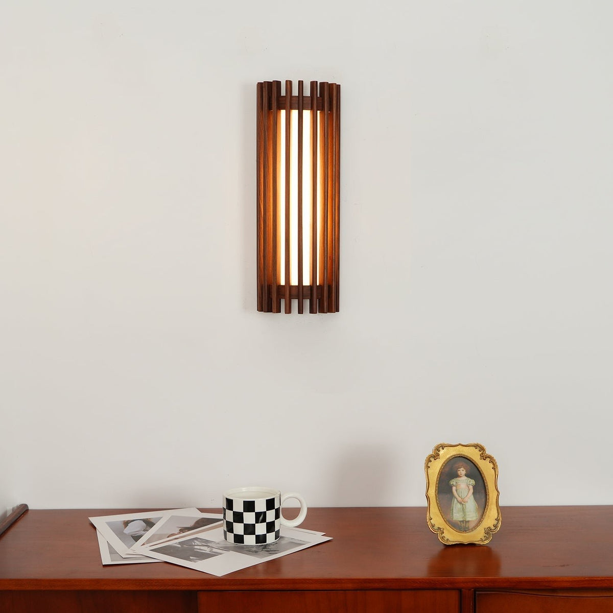 Scandinavian Walnut Wood Wall Lamp Slatted Sconce Full
