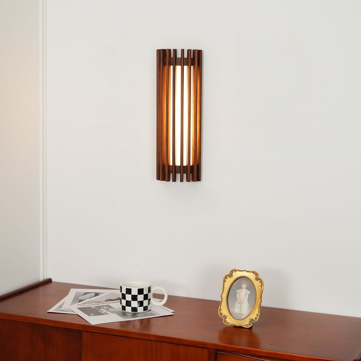 Scandinavian Walnut Wood Wall Lamp Slatted Sconce Lifestyle