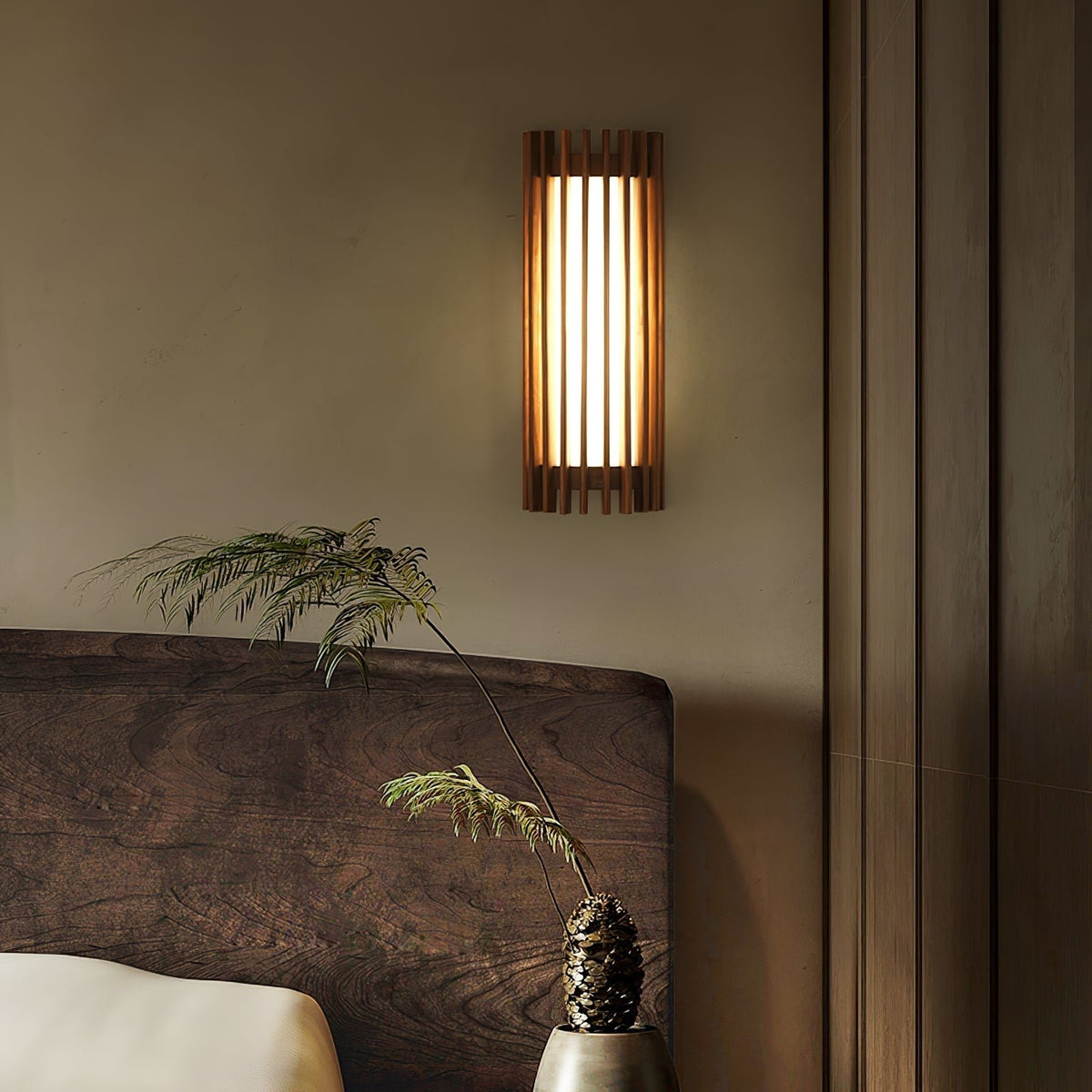 Scandinavian Walnut Wood Wall Lamp Slatted Sconce Side