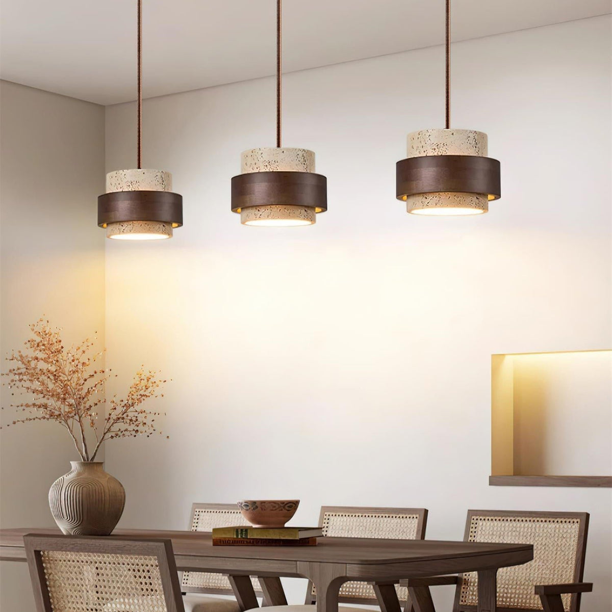 Travertine Pendant Light Tiered Cylinder Wood Band View 16