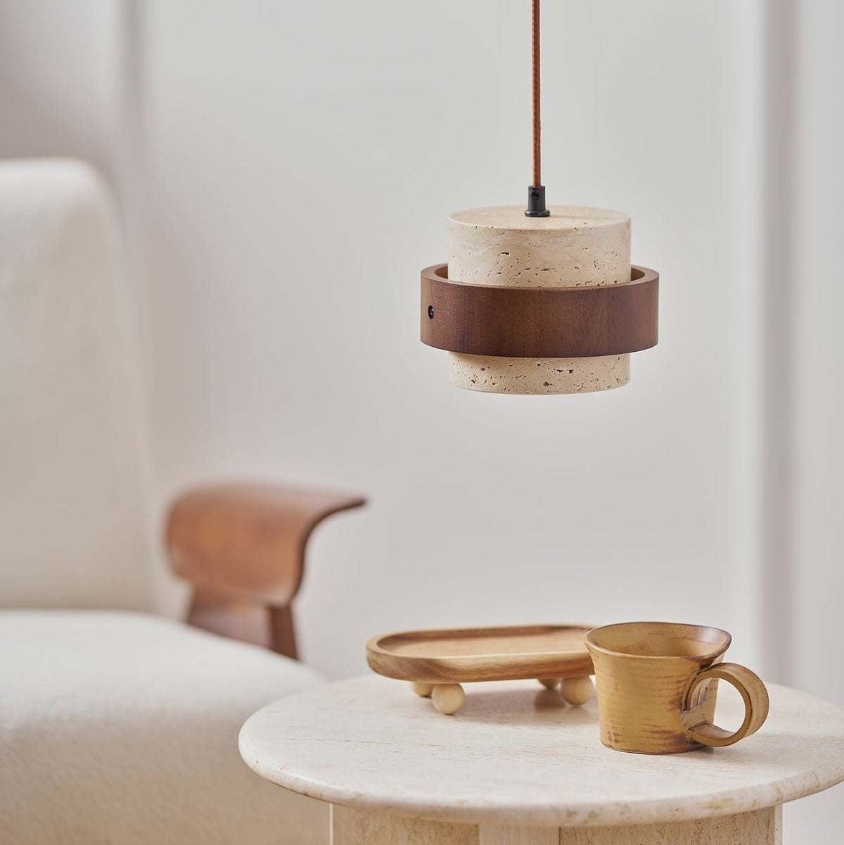 Travertine Pendant Light Tiered Cylinder Wood Band View 28