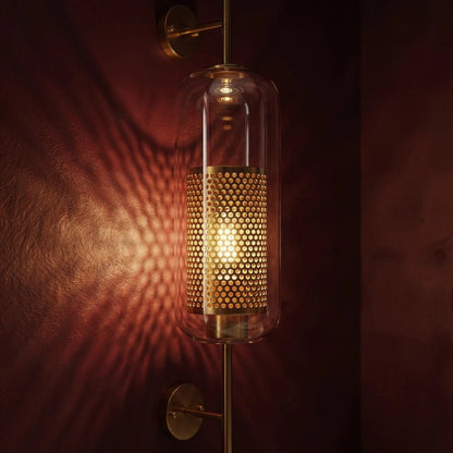 Vintage Brass Glass Wall Lamp Perforated Cylinder Back