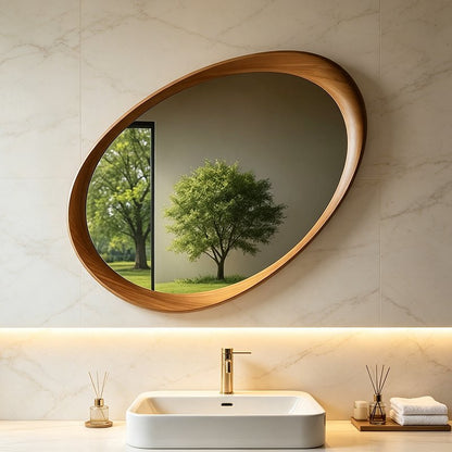 Vintage Rubberwood Solid Wood Wall Mirror Asymmetric Oval Front