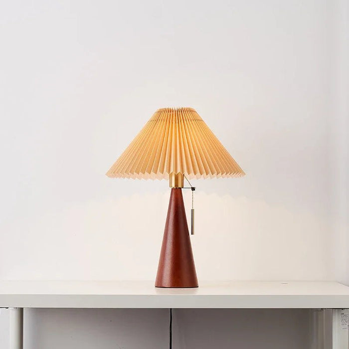 Wooden Base Table Lamp Pleated Cone Shade Front